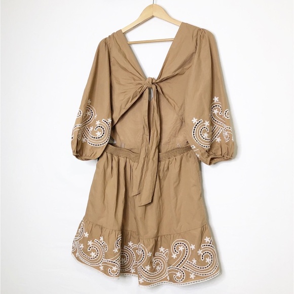 Express tan embroidered v neck open back tie back dress - Picture 7 of 13